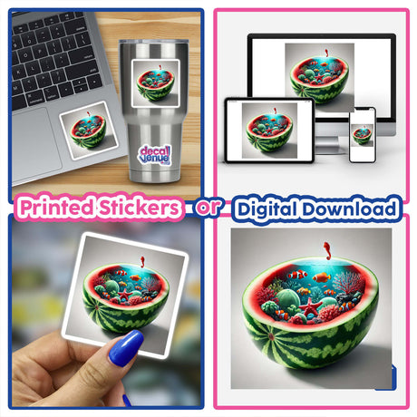 Aquatic Wonderland Coral Reef Inside a Watermelon digital artwork features sea creatures in a watermelon, displayed on a laptop. Available as stickers or digital download.