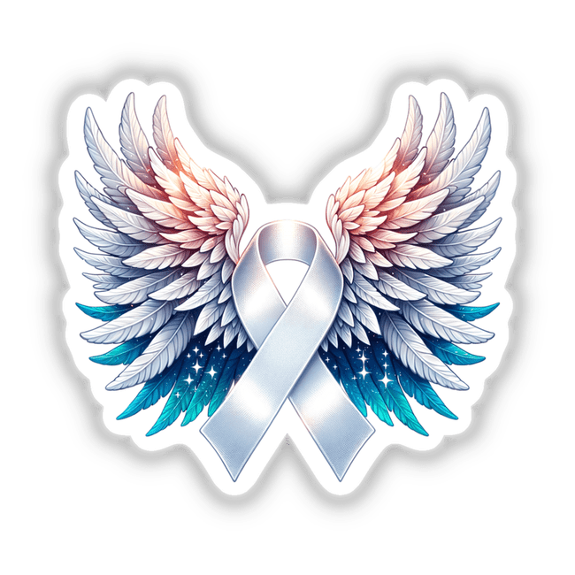 White Awareness Ribbon with Wings: A stylized sketch depicting a flowing ribbon with elegant wings, available as stickers or digital artwork from Decal Venue's unique collection.