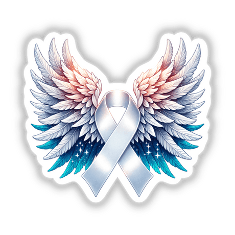 White Awareness Ribbon with Wings: A stylized sketch depicting a flowing ribbon with elegant wings, available as stickers or digital artwork from Decal Venue's unique collection.
