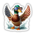 Mallard Duck with American Flag Wings depicted as a sticker or digital artwork, showcasing intricate detailing and patriotic theme, characteristic of Decal Venue's unique vinyl and digital art offerings.