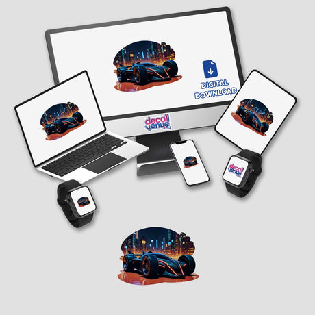 Futuristic Electric Race Car featured on a computer monitor and laptop, available as unique stickers or digital artwork at Decal Venue.