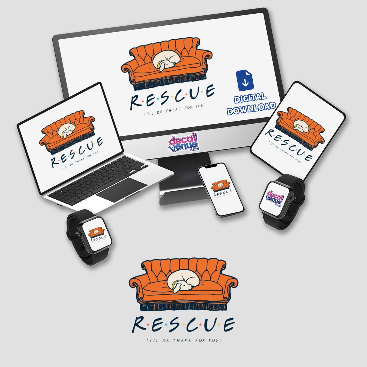 I'll Be There For You sticker: features a cartoon dog sleeping on an orange couch, visible on a computer monitor. Available as stickers or digital artwork from Decal Venue.