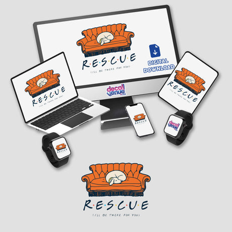 I'll Be There For You sticker: features a cartoon dog sleeping on an orange couch, visible on a computer monitor. Available as stickers or digital artwork from Decal Venue.
