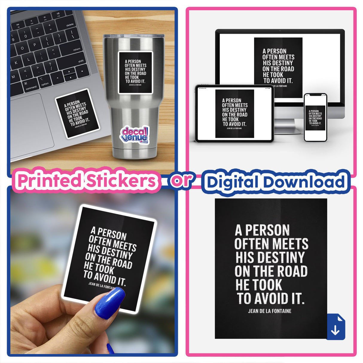 Destiny Quote Sticker or Clipart with Commercial Rights - Jean de La Fontaine Design. Features a collage of laptop images, emphasizing its use as a digital artwork or sticker for devices.