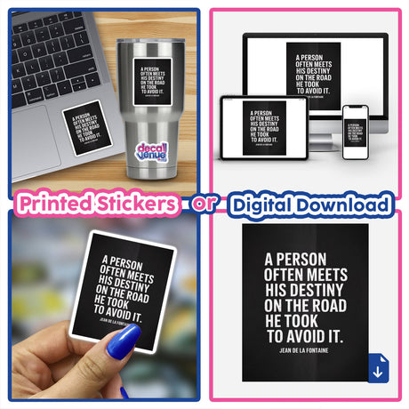 Destiny Quote Sticker or Clipart with Commercial Rights - Jean de La Fontaine Design. Features a collage of laptop images, emphasizing its use as a digital artwork or sticker for devices.