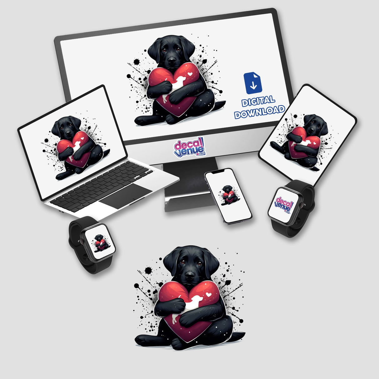 Black Lab Dog Hugging Heart Pillow II displayed on a computer monitor and laptop, showcasing the digital artwork or sticker options.