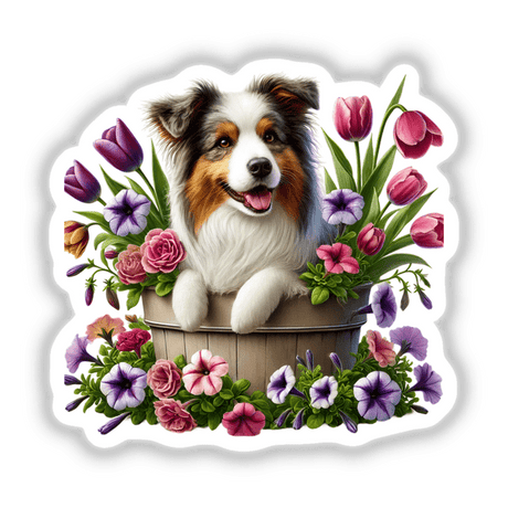 Australian Shepherd Dog Peeking Out of Flower Pot