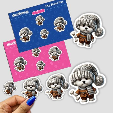 Adorable Bichon Frise gnome stickers holding a dog bone, displayed on a colorful Decal Venue vinyl sticker pack.