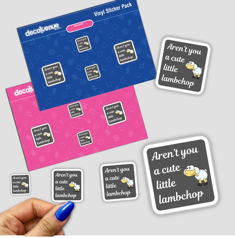 Cute little Lampchop stickers featuring a cartoon sheep, held in a hand with blue nail polish. Available as stickers or digital artwork, embodying Decal Venue's unique style.