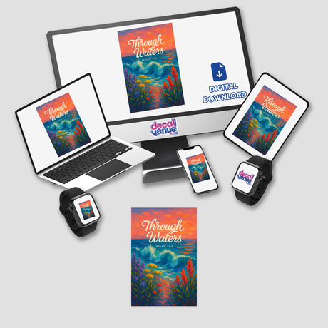 Through the Waters – Isaiah 43:2 Fauvist Summer Floral Shoreline Sticker or Clipart with Commercial Rights features expressive ocean waves and wild beach flowers, highlighting faith and courage in vibrant digital art.