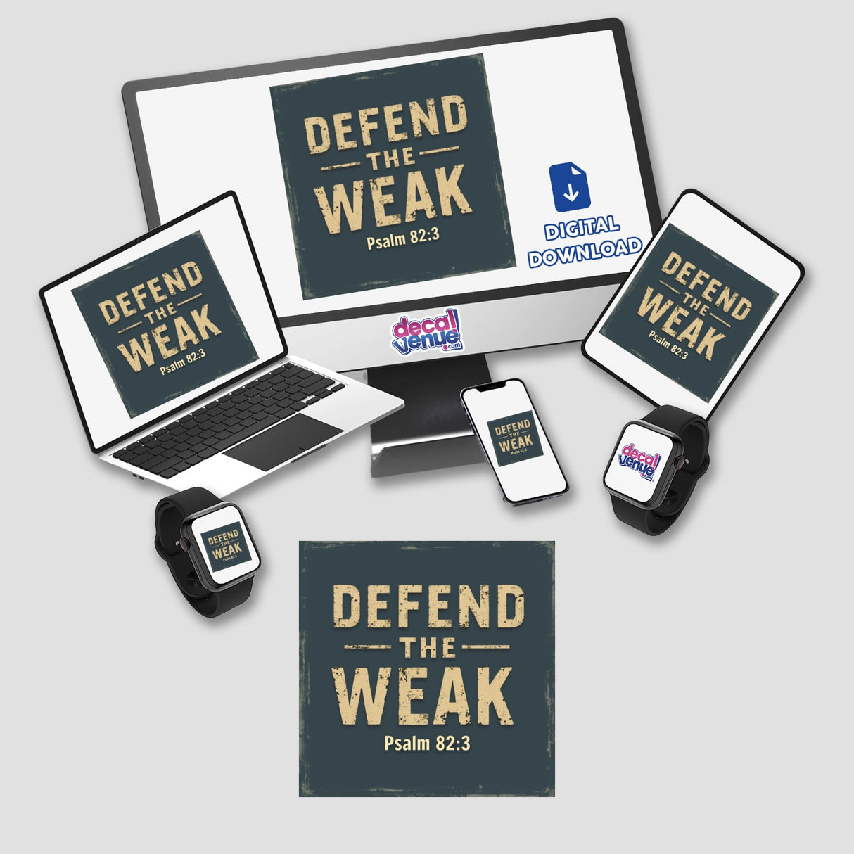 Defend the Weak - Psalm 82:3 - Christian Sticker or Clipart features a laptop displaying a faith-themed digital design. Available as stickers or digital art, emphasizing unique, commercial-use graphics.