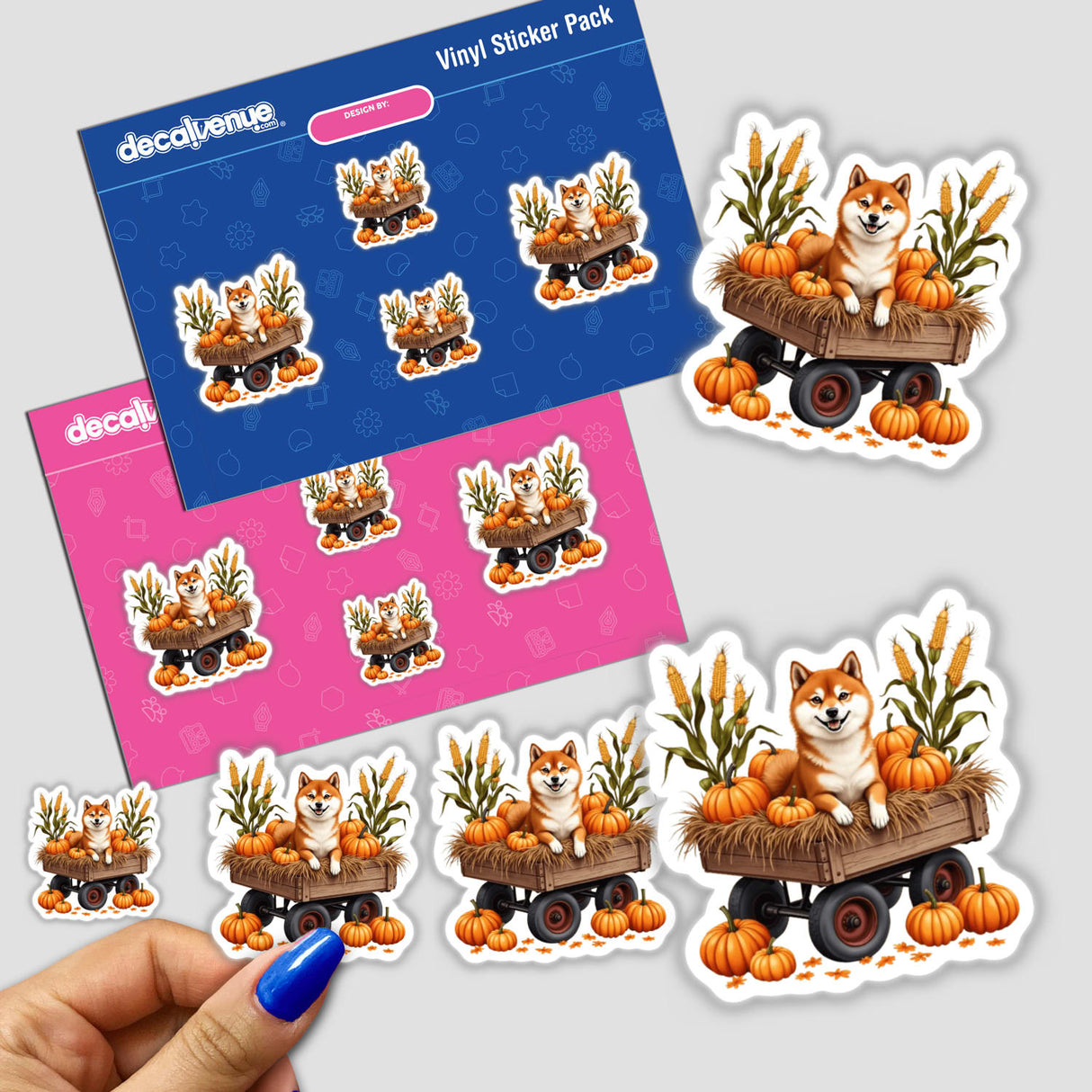 Cozy Fall Aesthetic Shiba Inu Clipart - Stickers or Commercial Rights Download; features a Shiba Inu in a cart with pumpkins and autumn decor.