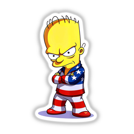 Cartoon character titled A Funny Guy With An American Flag Outfit, featuring a crossed-arm pose, available as stickers or digital artwork.
