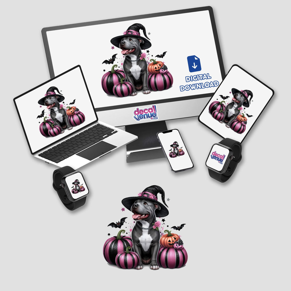 Halloween Pitbull Dog w/ Glitter Pumpkins digital artwork featuring a dog in a hat surrounded by pumpkins, displayed on various devices like computers, laptops, and phones; available as stickers or digital art.