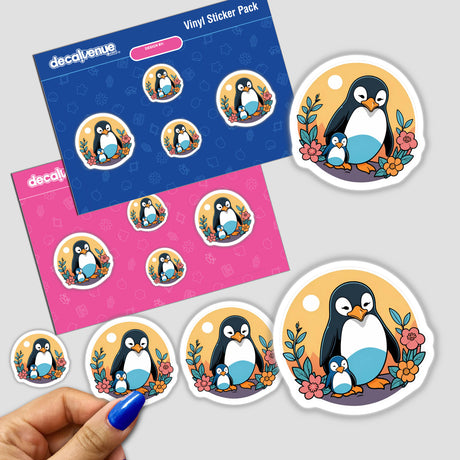 Cute Penguin Family: Adorable vinyl stickers featuring a loving penguin family surrounded by flowers, perfect for personalizing your space.