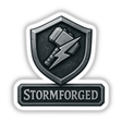 Stormforged – RPG-Style Skill Badge featuring a detailed silver and gray thunder hammer crest, available as unique stickers or digital artwork, capturing the essence of fantasy role-playing themes.