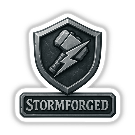 Stormforged – RPG-Style Skill Badge featuring a detailed silver and gray thunder hammer crest, available as unique stickers or digital artwork, capturing the essence of fantasy role-playing themes.