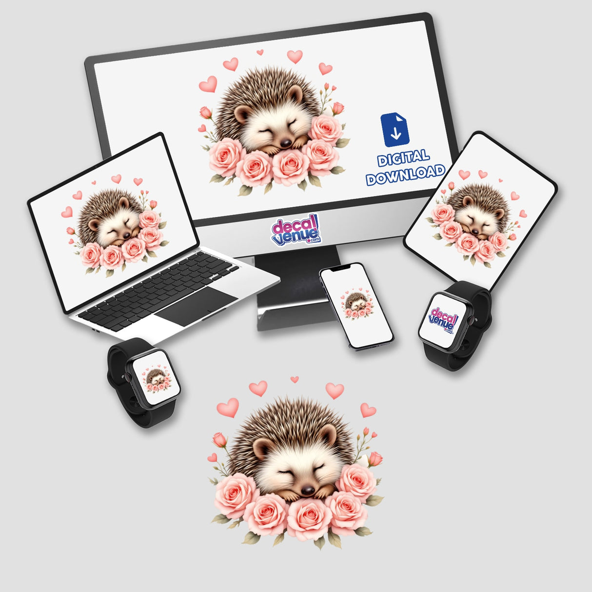 Sleeping Hedgehog with Hearts and Roses displayed on a computer monitor and laptop, featuring a hedgehog nestled among flowers. Available as stickers or digital artwork from Decal Venue.