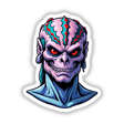a sticker of a demon with red eyes