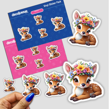 Hand holding a sticker pack featuring the Delicate Fawn Wearing a Flower Crown, showcasing whimsical cartoon deer with floral adornments, capturing the charm of nature-inspired art.