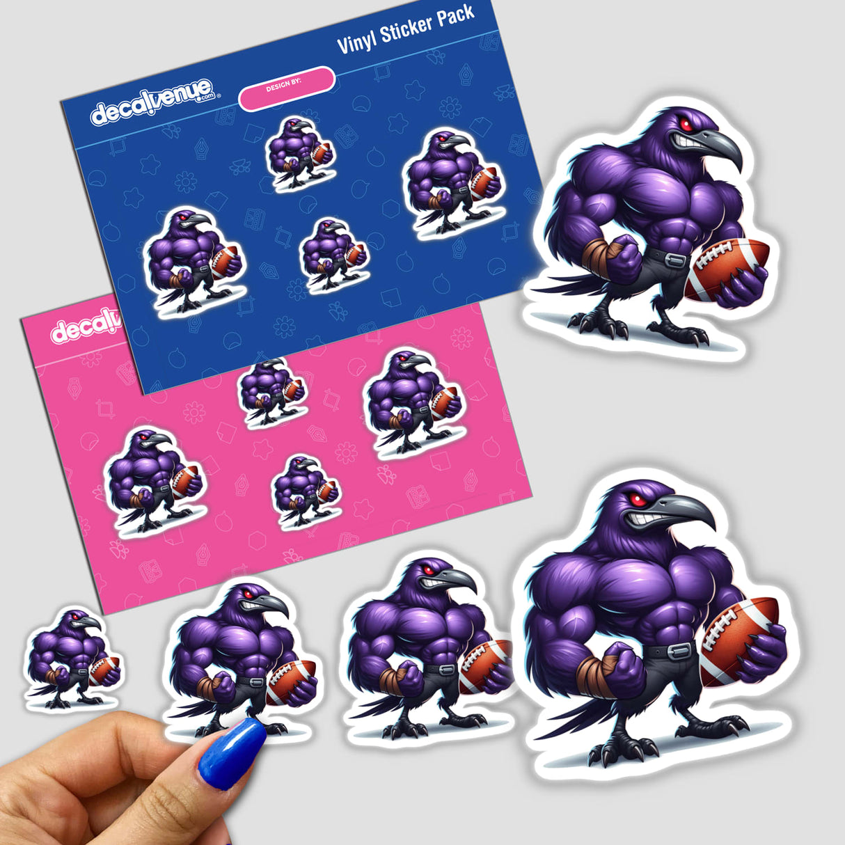 Mean Purple Raven Football Bird sticker pack featuring various cartoon ravens holding footballs. Available as stickers or digital artwork from Decal Venue.