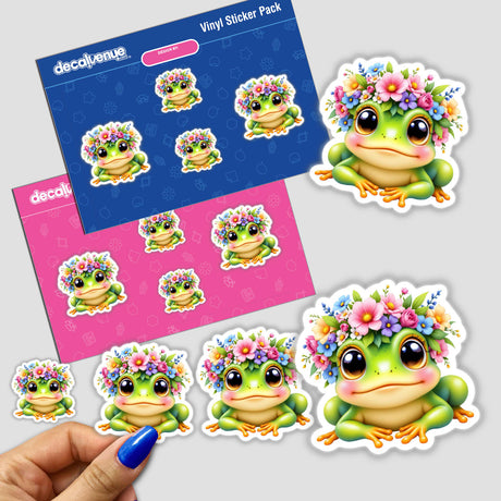 Playful Frog Wearing a Colorful Floral Crown stickers featuring cartoon frogs with floral headpieces, ideal for adding a whimsical touch to your decor.