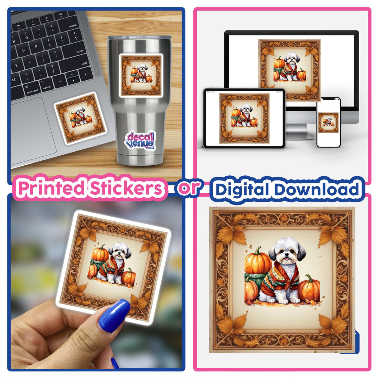 Adorable Fall Aesthetic Shichon Clipart, featuring a dog in a sweater with pumpkins, available as stickers or digital download with commercial rights.