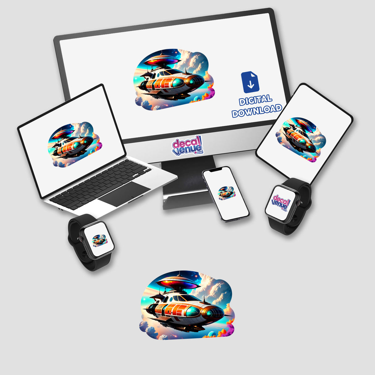 A Cool Retro Spaceship digital artwork displayed on a laptop screen, available as stickers or digital pieces at Decal Venue, alongside a monitor featuring a helicopter sticker.