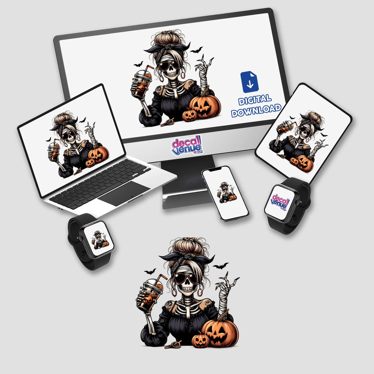 Spooky Halloween mummy skeleton lady digital artwork featuring pumpkins, bats, and the Decal Venue logo displayed on various electronic devices.