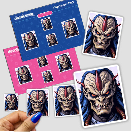 Sticker featuring A Cool Alien Predator Soldier, showcasing a cartoon monster with blue hair and red horns. Available as a sticker or digital artwork at Decal Venue.
