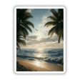 Tropical Sunset Seagulls Over Ocean Waves: A serene beach scene with palm trees and seagulls above crashing waves, available as stickers or digital artwork from Decal Venue.