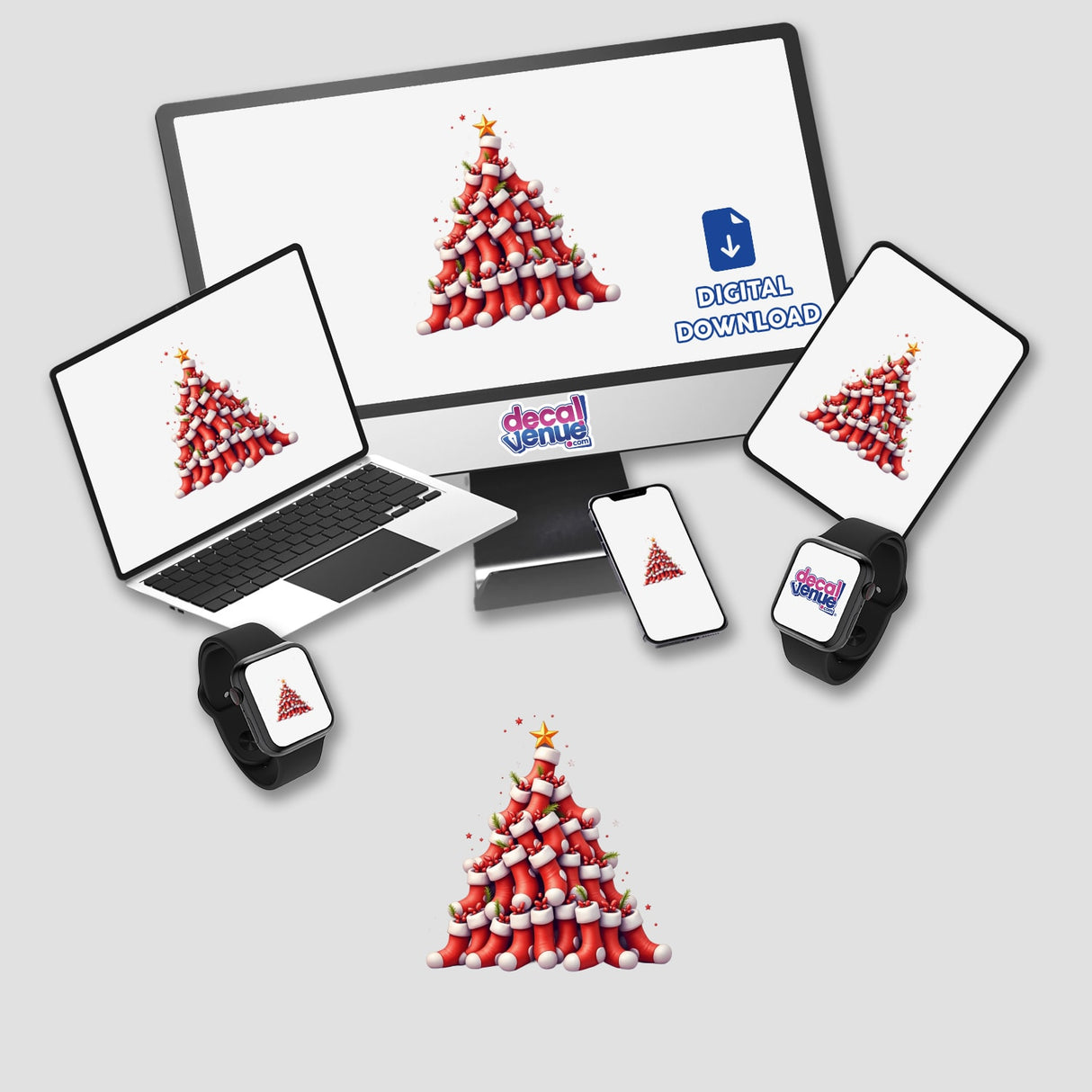 Christmas Stocking Pyramid Tree shown on digital devices, offering the design as stickers or digital artwork. A festive tree made of stockings displayed on a monitor, laptop, and phone.