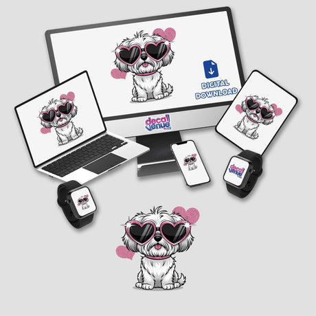 Maltese Dog w Heart Sunglasses depicted on various devices, showcasing its availability as unique stickers or digital artwork. The cartoon dog wears heart-shaped sunglasses, ideal for Decal Venue's creative offerings.