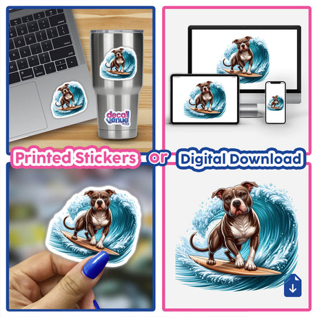 Vibrant digital artwork of a surfing Pitbull dog, available as stickers or digital download format from Decal Venue, an online store featuring unique stickers and digital art.