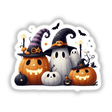 Spooky Halloween Friends stickers or digital art featuring pumpkins and ghosts, including a white pumpkin with a black nose and stem, a black pumpkin with a star, and a pumpkin with a hat.