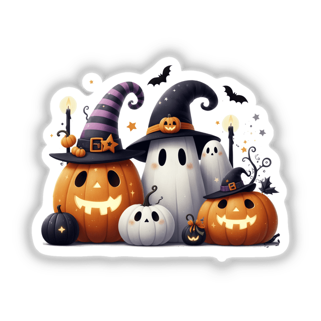 Spooky Halloween Friends stickers or digital art featuring pumpkins and ghosts, including a white pumpkin with a black nose and stem, a black pumpkin with a star, and a pumpkin with a hat.