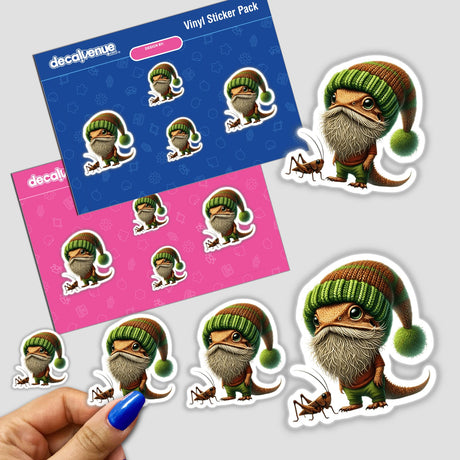 Stickers featuring a bearded dragon with a cricket, showcasing cartoon characters. Available as stickers or digital artwork from Decal Venue.