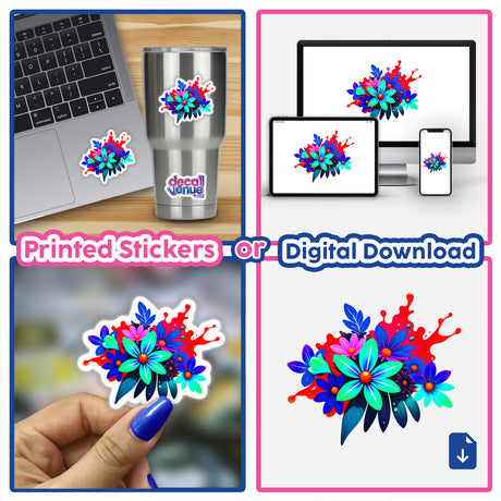 Collage featuring a laptop adorned with a Colorful Spring Flowers sticker, showcasing vibrant floral detail. Ideal for enhancing personal tech with artistic flair, available as stickers or digital artwork.