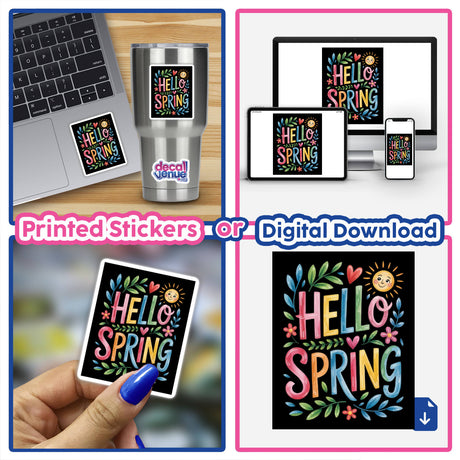 Hello Spring Sticker & Clipart featuring a cute floral sun graphic, ideal for adding a cheerful touch to devices. Available as stickers or digital art with commercial rights.
