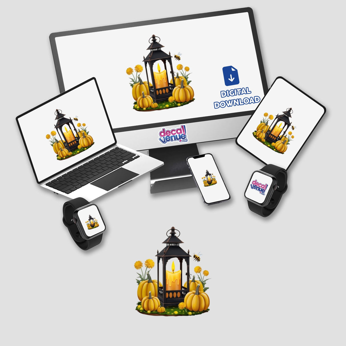 Autumn Lantern Candle Clipart featuring a computer monitor, laptop, lantern, and phone adorned with yellow aesthetic pumpkins and flowers, available as stickers or for commercial rights download.