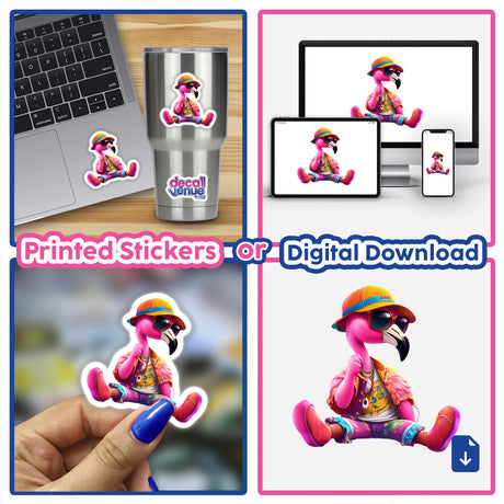 Trendy Flamingo Sitting Pretty sticker displayed on a laptop, featuring a cartoon flamingo with sunglasses and a hat. Available as stickers or digital artwork from Decal Venue.
