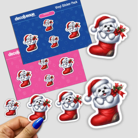 Peeking Santa Maltese Dog in Christmas Stocking sticker pack featuring a cartoon white dog in a festive red boot, perfect for adding holiday cheer to your decor.