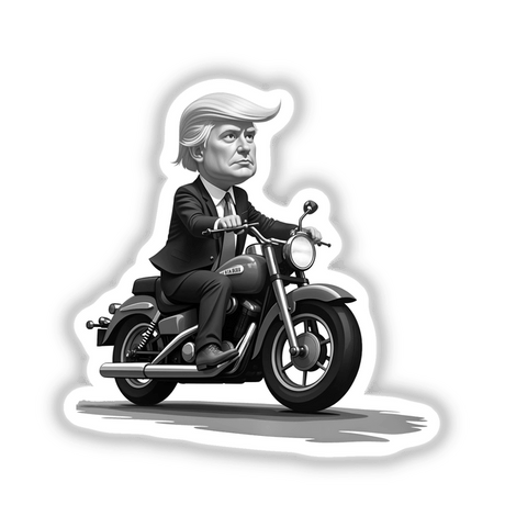 President Donald Trump on a motorcycle caricature, available as stickers or digital artwork, featuring a man in a suit and tie riding, highlighting unique artistry from Decal Venue.