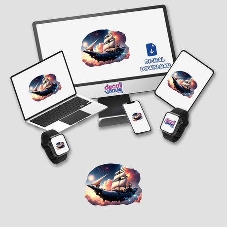 A Cool Retro Pirate Sailing Spaceship depicted on a laptop and tablet screens, available as stickers or digital artwork, showcasing a whimsical blend of nautical and futuristic elements.