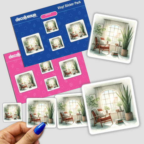 Hand holding a sticker pack titled Quiet Reading Nook - Cozy Boho Watercolor Interior, featuring a serene room with a window and potted plant.
