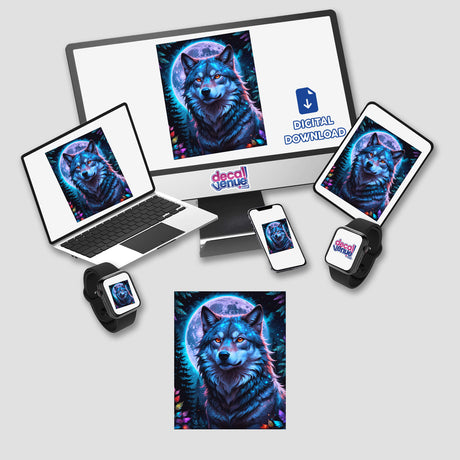 A Wolf In The Night With A Bright Moon displayed on a computer monitor and laptop, showcasing its availability as stickers or digital artwork.
