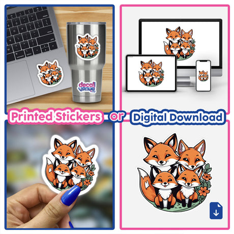 Cute Fox Family - Digital artwork featuring an adorable group of foxes, available as printed stickers or digital download from the Decal Venue store.