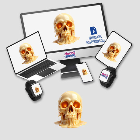 Skull Dripping Candle Wax design displayed on a computer monitor and laptop, showcasing intricate skull artwork available as stickers or digital artwork from Decal Venue.
