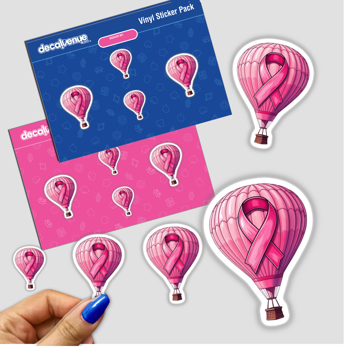 Sticker pack featuring Hot Air Balloon Pink Ribbon Breast Cancer-2 design, showcasing pink hot air balloons with ribbons, emphasizing support and awareness. Includes close-up of a hand holding a sticker.