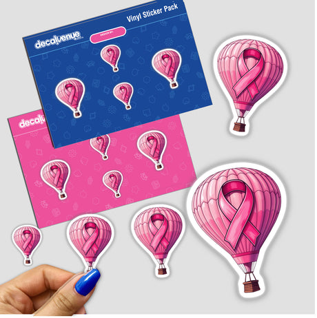 Sticker pack featuring Hot Air Balloon Pink Ribbon Breast Cancer-2 design, showcasing pink hot air balloons with ribbons, emphasizing support and awareness. Includes close-up of a hand holding a sticker.